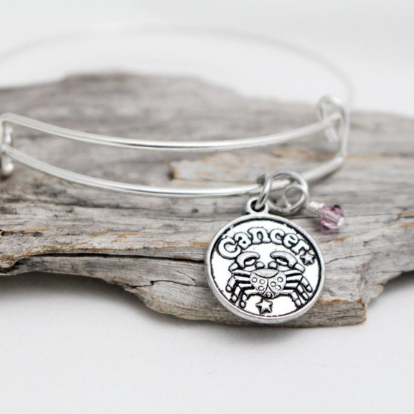 June Cancer Adjustable Charm Bangle - Handmade Zodiac Bracelet - Picture 1 of 11